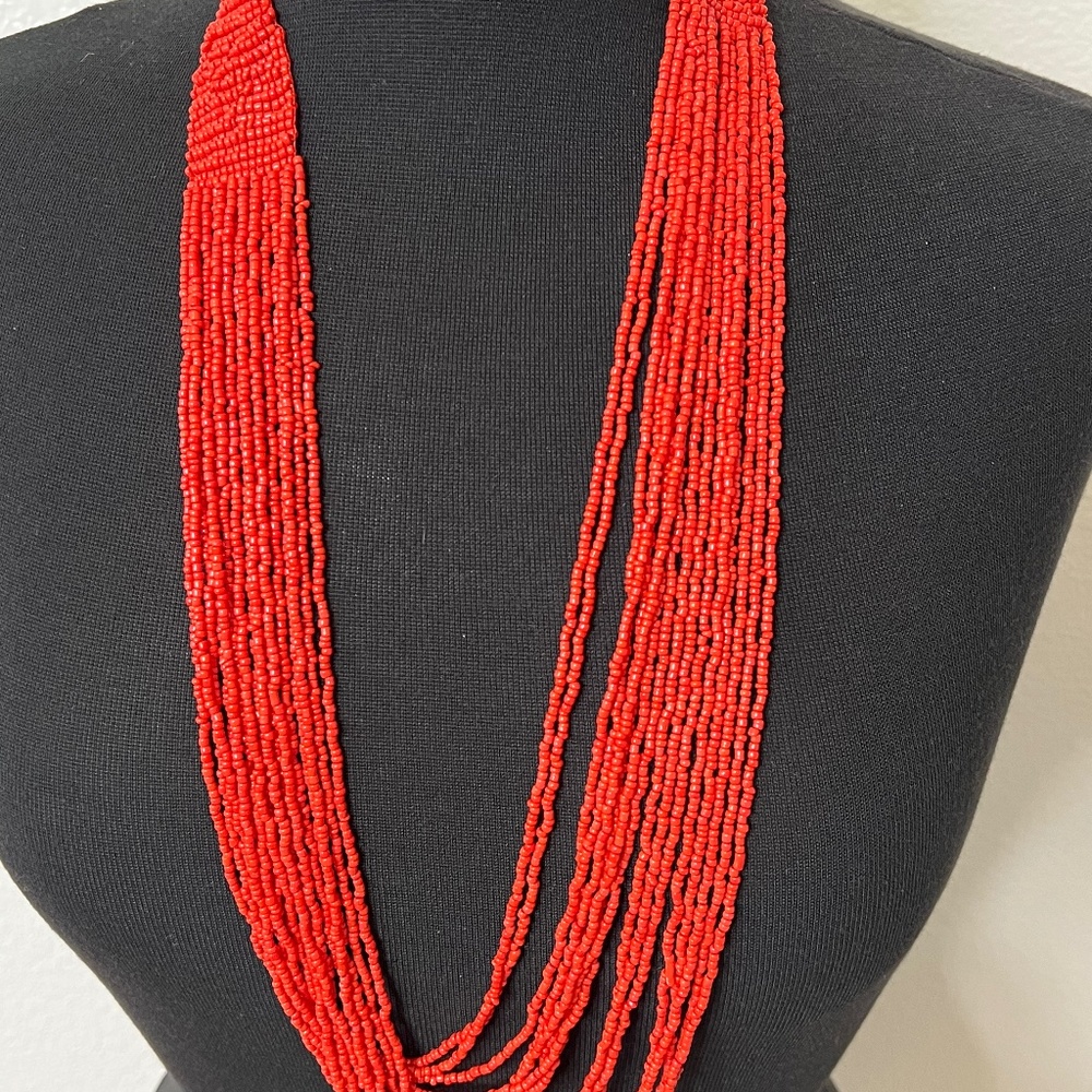 Long red mini bead necklace
